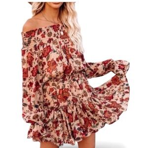 Vici Red and Cream Floral Long Sleeve Dress size Medium